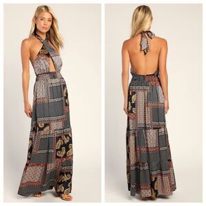 LULUS Trendy Travels Navy Blue Multi Scarf Print Halter Maxi Dress Size L NWT